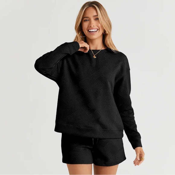 NEW Black Textured Longesleeve Lounge Shorts Set drawstring pockets athleisure - Picture 3 of 4